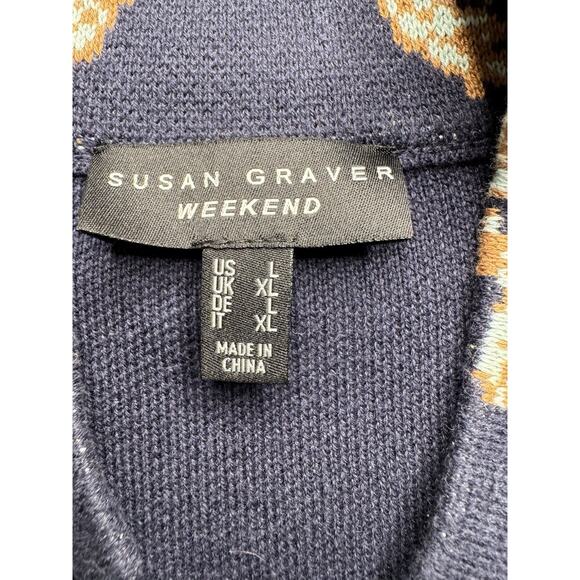 Susan Graver Weekend L Open Jacquard Duster Cardigan Stand Collar Blue Tan - Picture 2 of 15